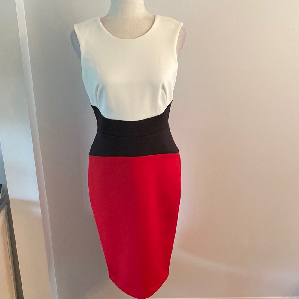 Calvin Klein White and Black Sheath Midi Dress Designer JFK Jr & Carolyn B